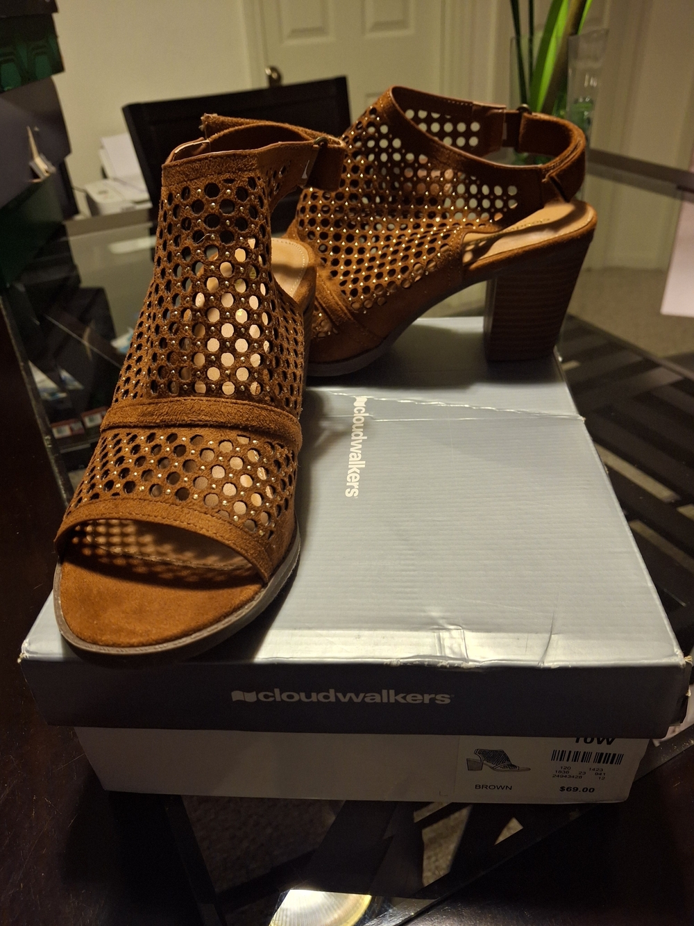 cloudwalkers Tan Perforated Suede Block Heel Sandals